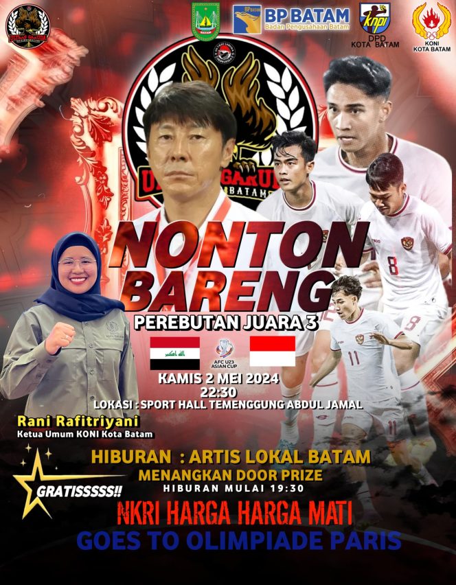 
					Ketua Umum KONI Kota Batam, Rani Rafitriyani mengajak seluruh elemen masyarakat untuk menghadiri agenda Nonton Bareng (Nobar) Timnas Indonesia U-23 vs Irak di Indoor Sport Hall Temenggung Abdul Jamal, Kamis (2/5/2024).
