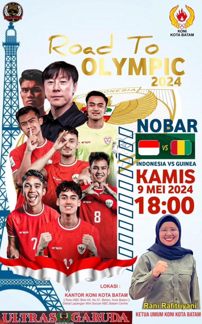 
					Ketua Umum KONI Kota Batam, Rani Rafitriyani mengajak seluruh elemen masyarakat untuk menghadiri kegiatan Nonton Bareng (Nobar) duel antara Timnas Indonesia U-23 vs Guinea, Kamis (9/5/2024) pukul 18.00 WIB.