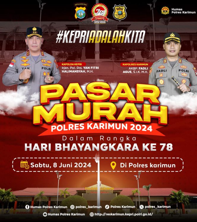 
					KARIMUN (HK) — Dalam rangka menyambut hari Bhayangkara ke-78, Polres Karimun menggelar pasar murah yang akan dilaksanakan pada Sabtu (8/6/2024) sekira pukul 07.00 wib.