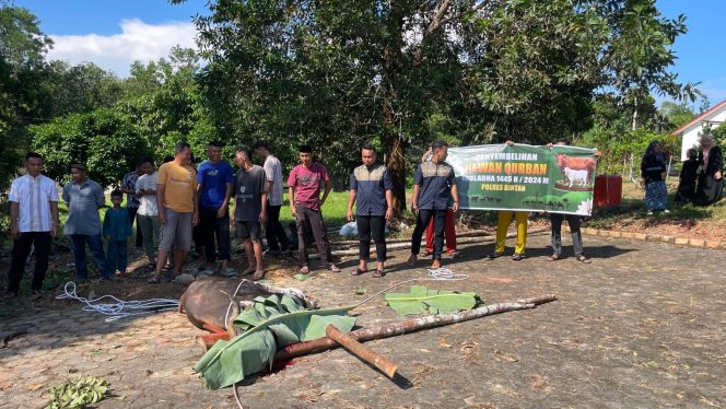 
					Prosesi penyembelihan hewan kurban oleh Polres Bintan yang dilaksanakan di Mako Polres Bintan, Senin (17/6/2024).