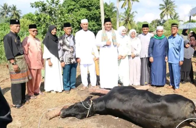 
					Bupati Bintan Roby Kurniawan beserta rombongan meninjau pelaksanaan Penyembelihan Hewan Qurban di Kelurahan Tanjung Uban Kota.di Lapangan Hang Tuah Tanjung Uban, Senin (17/6/2024).