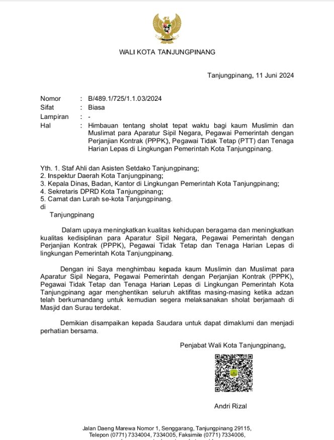 
					Surat edaran Pj Wako Tanjungpinang, Andri Rizal.