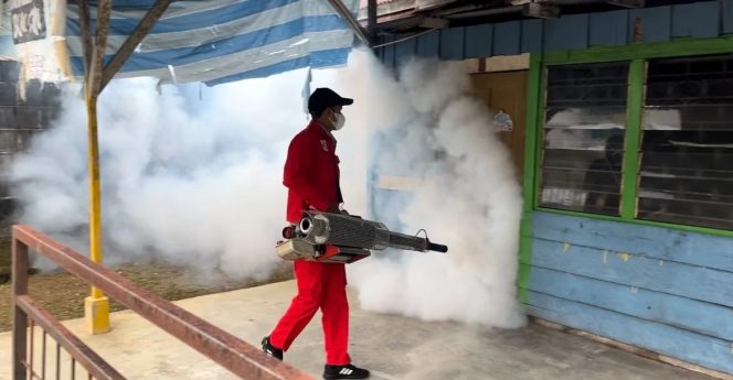 
					Petugas Dinkes Lingga melakukan fogging dari rumah ke rumah di kawasan Dabo Lama, Kecamatan Singkep