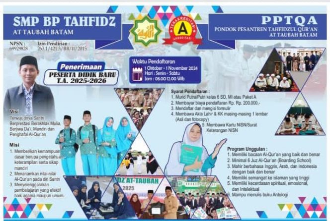 
					Banner pegumuman pendaftaran Peserta Didik Baru SMP Berbasis Pesantren Tahfidz At-Taubah (ist)