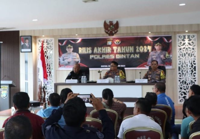 
					Kapolres Bintan saat melaksanakan Release Akhir Tahun 2024 yang dilaksanakan di Aula Sarja Arya Racana (SAR) Polres Bintan pada Sabtu (28/12/2024).