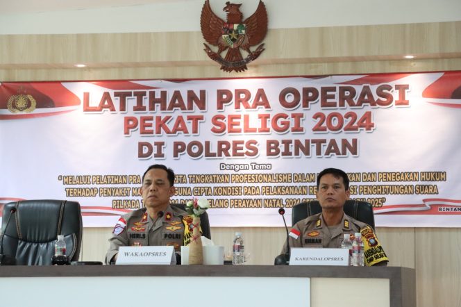 
					Wakapolres Bintan Kompol Eri Sujati saat pimpin kegiatan latihan pra operasi (Latpraops) di Aula Sarja Racana pada Selasa (3/12/2024).