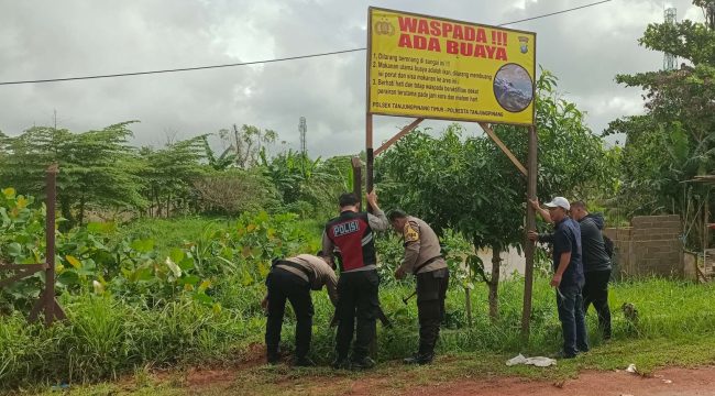 Kapolsek Tanjungpinang Timur AKP Sugiono beserta beberapa anggotanya saat memasang plang himbauan 
imbauan terkait kemunculan buaya disalah satu titik lokasi di Kelurahan Batu IX dan Waduk di jalan Srikaton Kampung Bangun Sari RT 03 RW 07 Kelurahan Pinang Kencana Kota Tanjungpinang, Sabtu (18/01/2025)
 