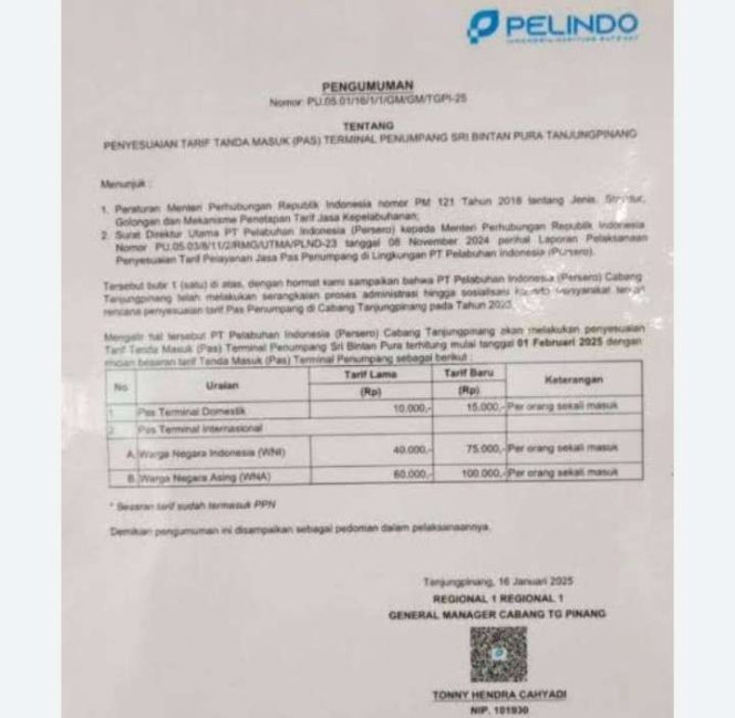 
					Rencana Pelindo Cabang Tanjungpinang yang akan menaikkan tarif terminal penumpang pada 1 Februari 2025.