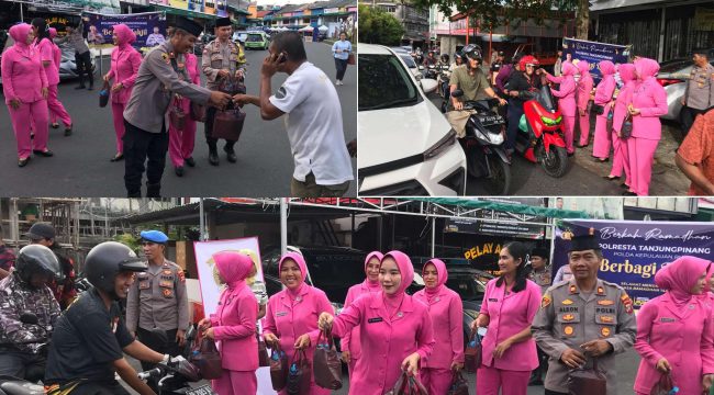 Jajaran Polsek Tanjungpinang Kota bersama Bhayangkari Rating Tanjungpinang Kota, melaksanakan pembagian takjil gratis kepada masyarakat yang melintas di wilayah hukum Polsek Tanjungpinang Kota, Selasa (11/03/2025). 