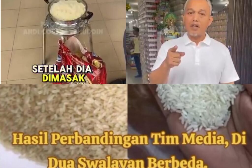 Andi Cori Patahuddin memperlihatkan kondisi perbedaan warna beras Batak Raya yang dibandingkan dengan Swalayan lain yang ada di Tanjungpinang , Jumat (14/03/2025):