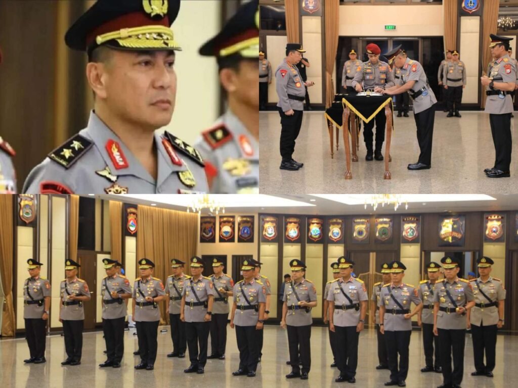 Kapolri Jenderal Pol Listyo Sigit Prabowo saat memimpin langsung upacara serah terima jabatan (Sertijab) sejumlah perwira tinggi Polri di Mabes Polri, Jakarta, Salah satu diantaraya, Irjen Pol Herry Heryawan sebagai Kapolda Riau pada Jumat (14/03/2025).