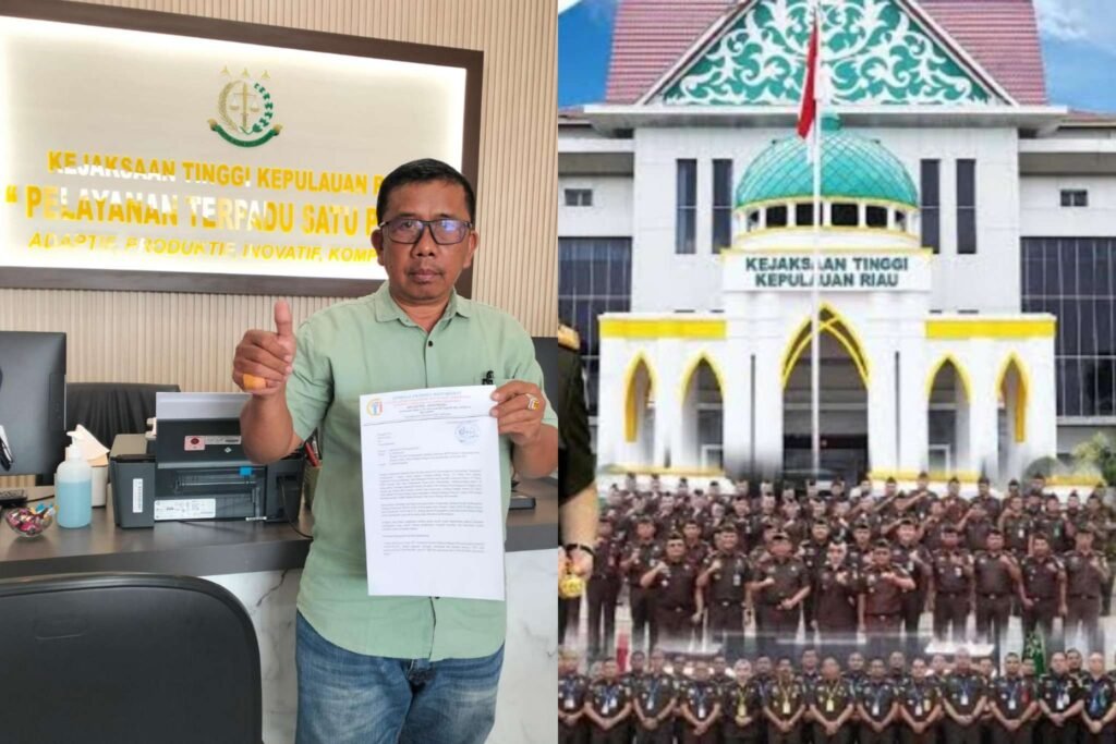 Ketua LSM ICTI Kepri Kuncus saat menunjukkan bukti laporan atas dugaan korupsi proyek pembangunan BPTD Kelas II Kepri Tahun 2024 ke Kejati Kepri, Kamis 17 April 2025. Gedung Kantor Kejati Kepri di Senggarang Kota Tanjungpinang,