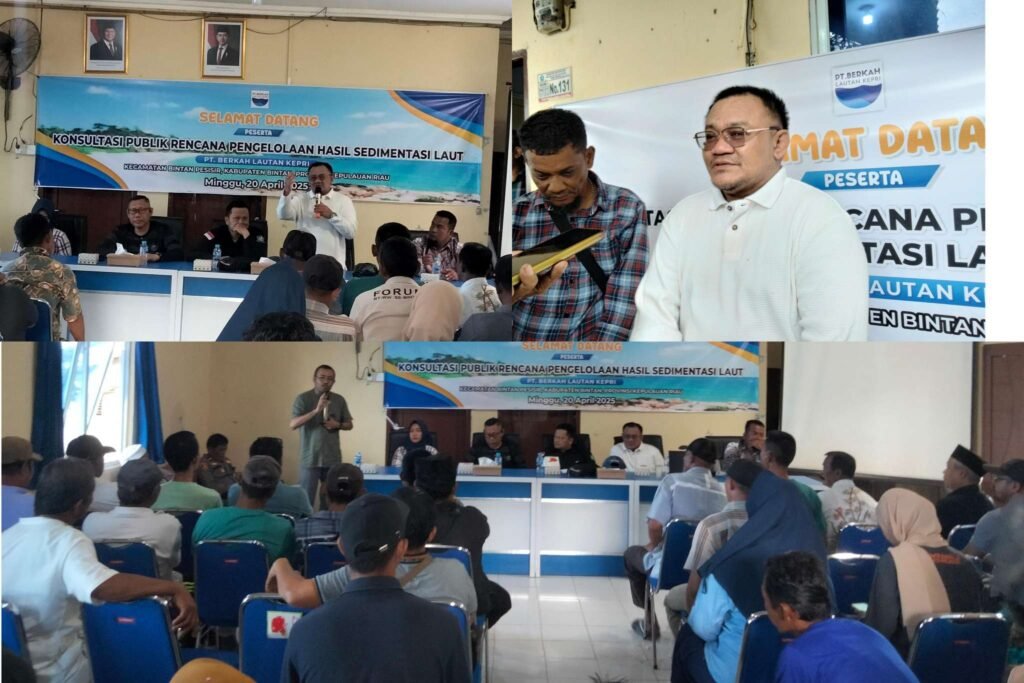 Kegiatan PT Berkah Lautan Kepri (BLK) melakukan Konsultasi Publik Rencana Pengelolaan Hasil Sedimentasi Laut bersama sejumlah lapisan masyarakat di Kecamatan Bintan Pesisir Kabupaten Bintan Provinsi Kepulauan Riau, yang digelar di Gedung Serbaguna Desa Numbing, Dusun I, Minggu (20/04/2025) ft Asfanel