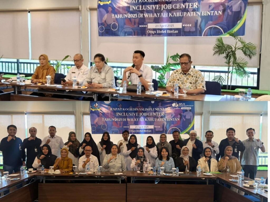 BPJS Ketenagakerjaan Cabang Tanjungpinang bersama Disnaker dan Dinsos Kabupaten Bintan saat melakukan pertemuan bahas terkait tenaga kerja disabilitas dan perusahaan penyedia lowongan pekerjaan, berlangsung di Hotel Onyx Bintan dengan jumlah peserta sebanyak 27 orang, Rabu (23/04/2025).
