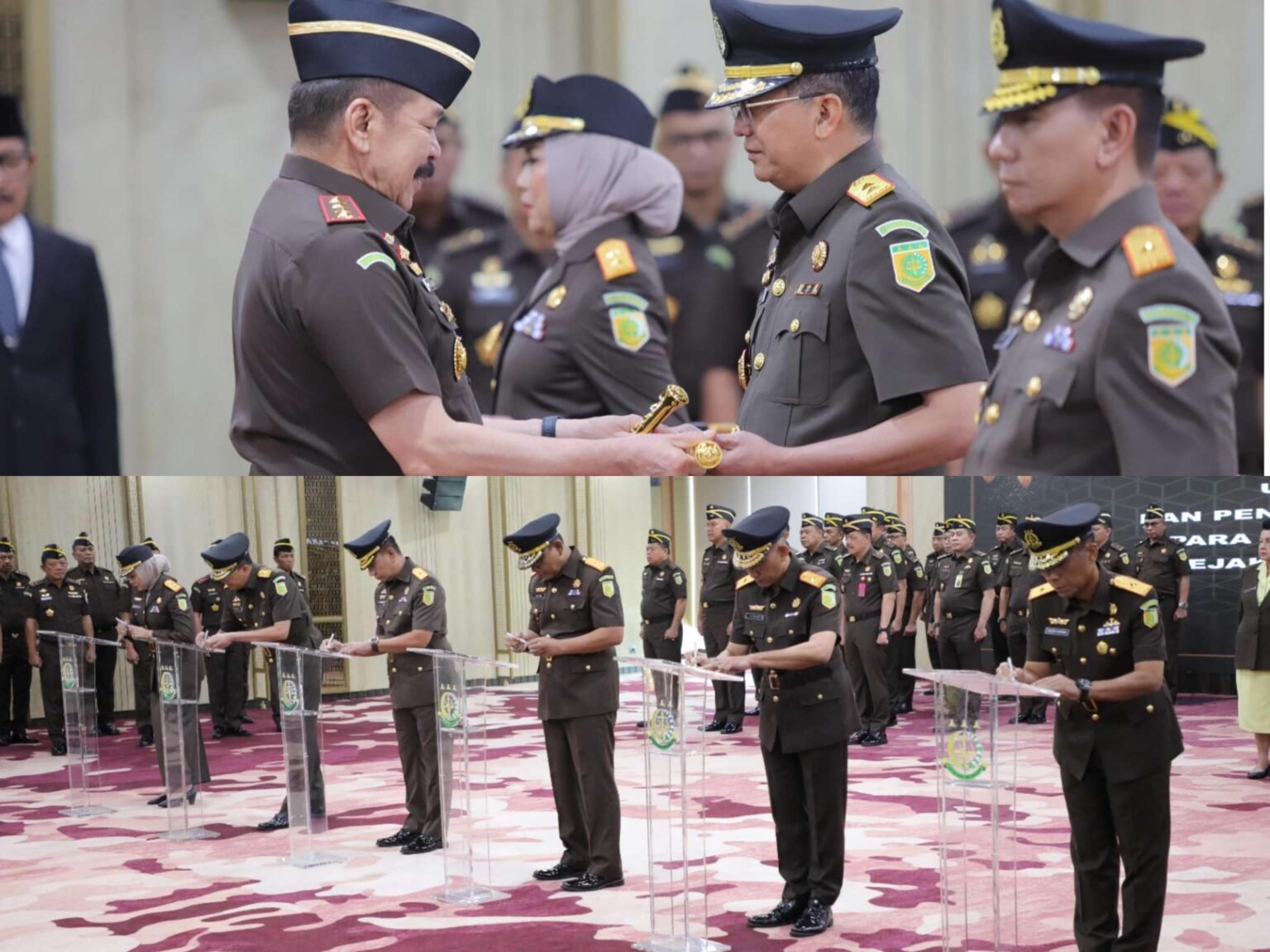 Jaksa Agung ST Burhanuddin saat melantik 6 Kepala Kejaksaan Tinggi Kajati di Kejaksaan RI meliputi Kepala Kejaksaan Tinggi Jawa Timur, Kalimantan Barat, Lampung, Aceh, Bengkulu, dan D.I. Yogyakarta, berlangsung di Lantai 11 Gedung Utama Kejaksaan Agung, Jakarta, Rabu (23/04/2025).