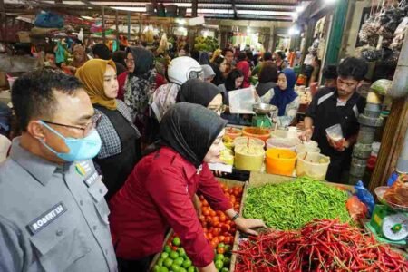 Kepala Dinas Perdagangan dan Perindustrian Tanjungpinang Rianny saat mengecek harga sembako di pasar Tanjungpinang