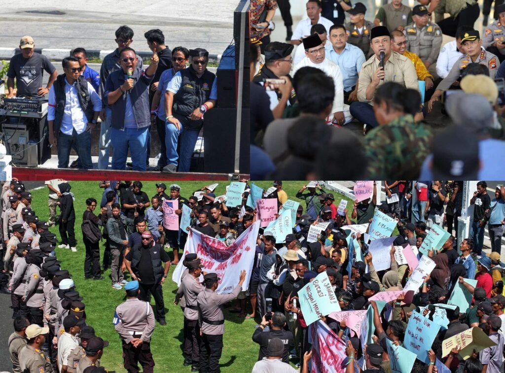 Sedikitnya sebanyak 250 polisi diterjunkan mengamankan aksi unjuk rasa Himpunan Nelayan Seluruh Indonesia (HNSI) Provinsi Kepri diduga lokasi berbeda, Kamis (15/5/2025).