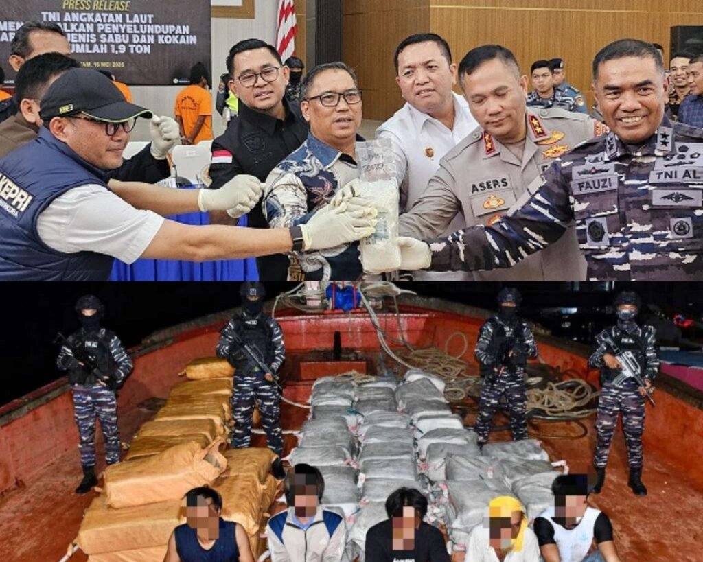 Press release penggagalan penyelundupan narkotika jenis sabu dan kokain seberat 1,9 ton di Mako Lantamal IV Batam, Tanjung Sengkuang.F1QR Lanal TBK saat mengamankan lima orang nakhoda kapal dan barang bukti