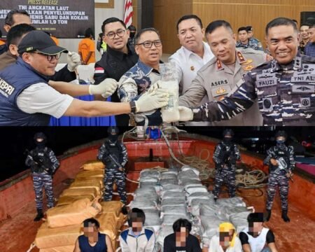 Press release penggagalan penyelundupan narkotika jenis sabu dan kokain seberat 1,9 ton di Mako Lantamal IV Batam, Tanjung Sengkuang.F1QR Lanal TBK saat mengamankan lima orang nakhoda kapal dan barang bukti