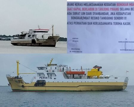 Keberadaan KM Sabuk Nusantara saat berlabuh kawasan Perairan SBP Tanjungpinang serta surat lamaran bongkar muat, Senin,(19/05/2025) /