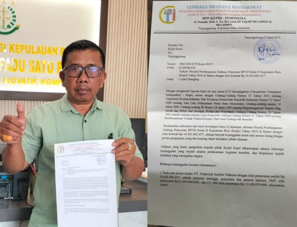 Ketua LSM ICTI Kepri, Kuncus saat melaporkan dugaan kasus korupsi proyek pembangunan Gedung Balai Pengelola Transportasi Darat (BPTD) Kelas II Kepri ke Kejati Kepri beberapa waktu lalu.