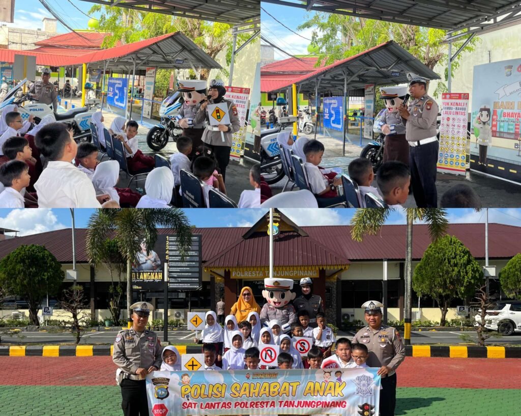 Sat Lantas Polresta Tanjungpinang memberikan edukasi tentang tertib berlalu lintas pada kegiatan Polisi Sahabat Anak, di lapangan Mapolresta Tanjungpinang, Selasa (03/05/2025).
