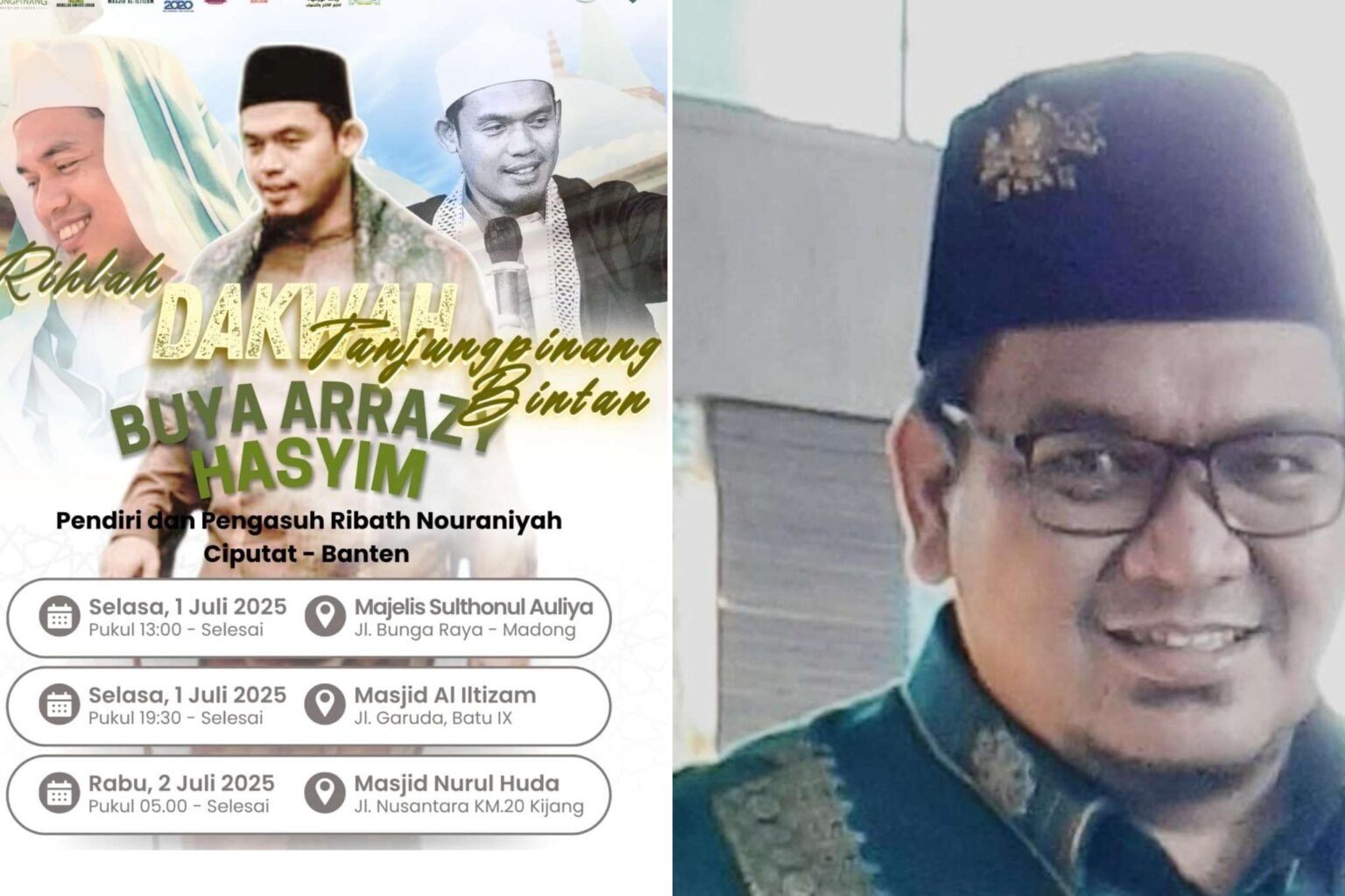 Spanduk Majelis Cinta 2020 akan menyelenggarakan kegiatan rihlah dakwah DR. Arrazy Hasyim, MA yang biasa disapa Buya Arrazi di Tanjungpinang dan Bintan pada 01 dan 02 Juli 2025 mendatang