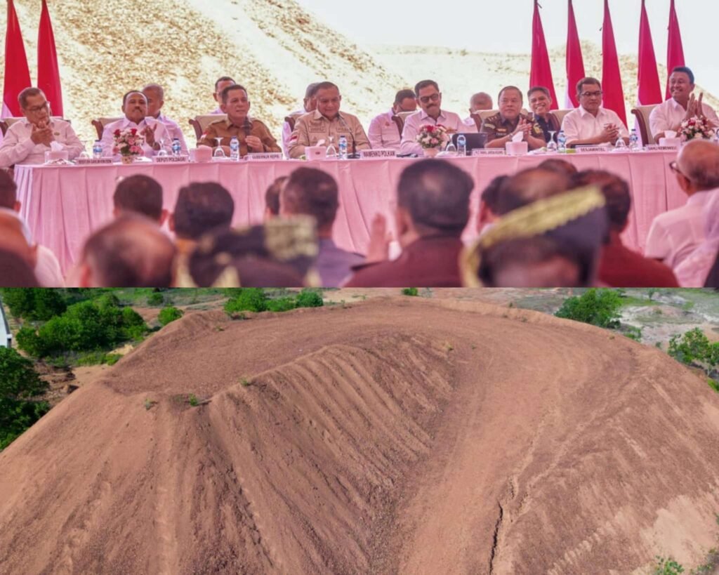 Wamen Polhukam RI Lodewitjk Freiderich Paulus (tengah) didampingi Gubernur Kepri Ansar Ahmad, Plt Wakajagung Prof Asep Nana Mulyana. Contoh sisa bijih bauksit di stockpile yang ada di Tanjung Moco, Kota Tanjungpinang.