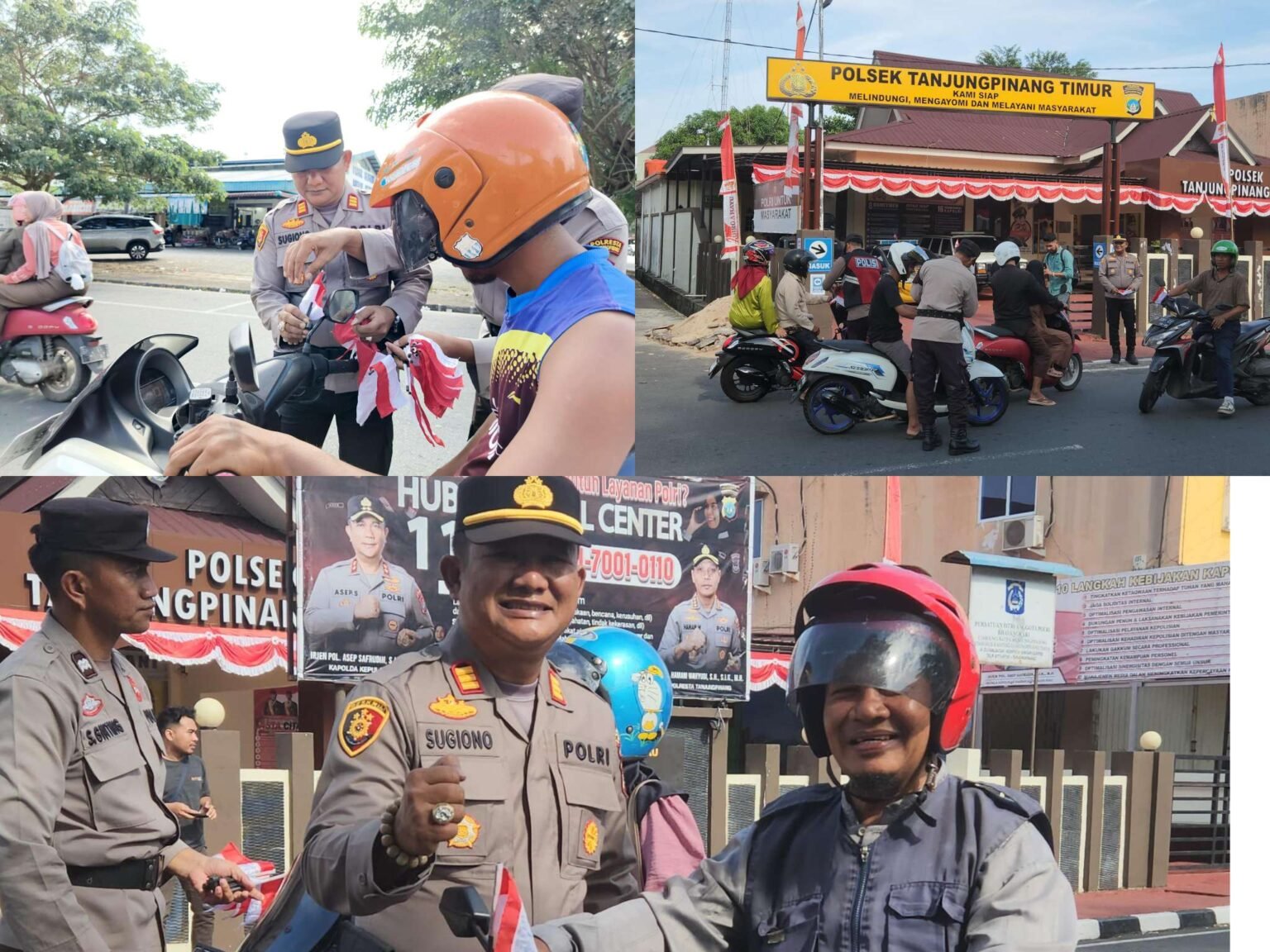 Kapolsek Tanjungpinang Timur AKP Sugiono didampingi sejumlah personilnya saat membagikan Bendera Merah Putih ke sejumlah pengendara, Sabtu (02/08/2025)
