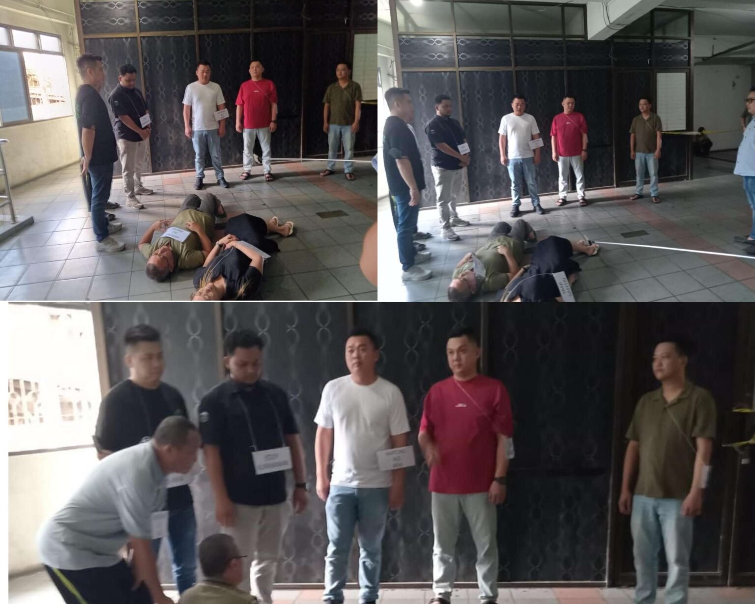 Tim Satreskrim Polresta Tanjungpinang saat melakukan pra rekonstruksi dugaan kasus pengeroyokan dan penganiayaan oleh sejumlah orang di lift KTV Majestic yang dialami korban Hartono alias Amiang dan Yani Safitri beberapa bulan lalu, Rabu (06/08/2025).