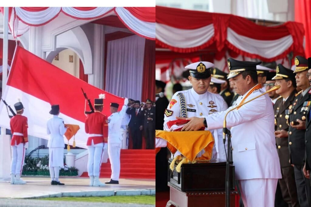 Gubernur Kepri Ansar Ahmad menyerahkan replika Bendera Pusaka Merah Putih kepada Tsaniyah Aqillah Muca I Kadek pembawa baki pada Upacara Peringatan HUT RI ke-80 di Gedung Daerah Tanjungpinang.