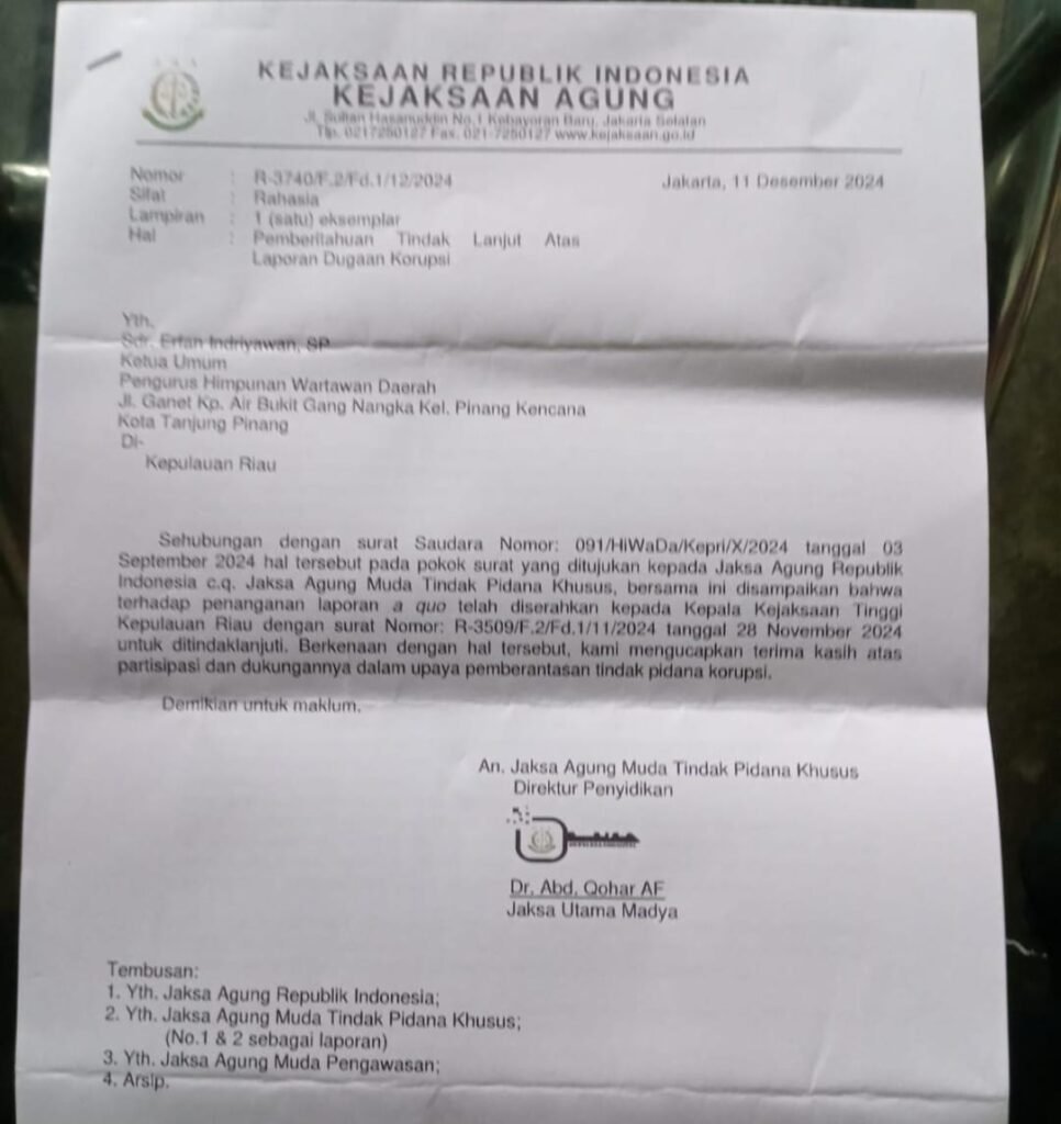 Laporan HiWaDa Kepri Terkait Dugaan Korupsi Resmi Ditindaklanjuti Kejagung RI Laporan HiWaDa Kepri Terkait Dugaan Korupsi Resmi Ditindaklanjuti Kejagung RI