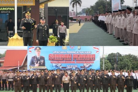 Kapolresta Tanjungpinang Kombes Pol. Hamam Wahyudi, S.H., S.I.K., M.H bertindak sebagai inspektur upacara. Dikesempatan itu, ia menyampaikan beberapa hal mengenai peringatan hari sumpah pemuda ke 97, Selasa (28/10/2025)
