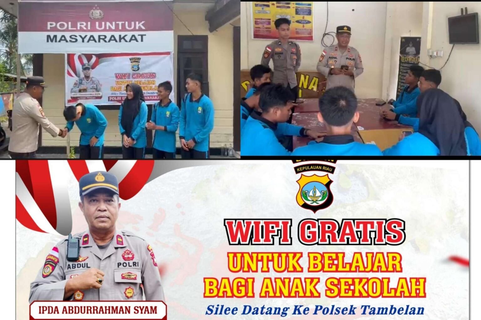 Kapolsek Tambelan, Ipda Abdurrahman Syam bersama sejumlah pelajar SMA Tambelan, terkait penyediaan WiFi Gratis di Mapolsek Tambelan, Selasa (16/12/2025)
