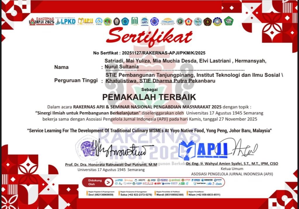 STIE Pembangunan Tanjungpinang meraih dua penghargaan sekaligus sebagai Artikel Terbaik dan Pemakalah Terbaik pada Rakernas APJI dan Seminar Nasional Pengabdian Masyarakat