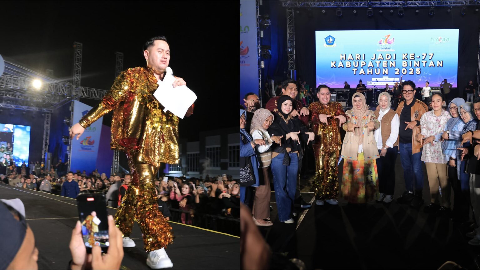Gemerlap Malam Puncak Hari Jadi Ke-77 Kabupaten Bintan, King Nassar Pukau Ribuan Masyarakat - Guest star King Nassar saat menghibur masyarakat - Bupati Bintan Roby Kurniawan, Wakil Bupati Bintan Deby Maryanti dan undangan bersama King Nassar