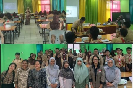 Ketua Tim PkM UMRAH dr Desi Rahmatina saat menyampaikan pengenalan POLIMASA kepada siswa SMPN 6 Tanjungpinang - Siswa SMPN 6 Tanjungpinang saat mengikuti pembelajaran POLIMASA - Tim PkM UMRAH bersama guru dan siswa SMPN 6 Tanjungpinang