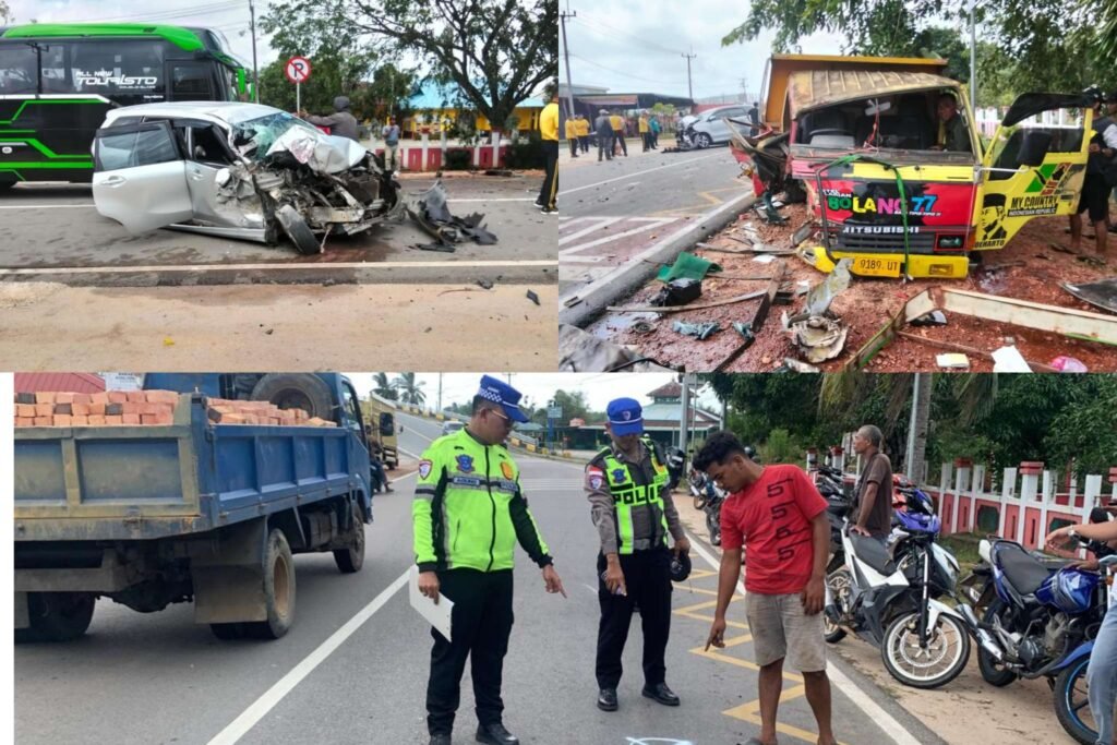  Anggota Satlantas Polres Bintan saat melakukan olah TKP Lakalantas) terjadi di Jalan Lintas Barat, tepatnya di depan SDN 002 SKL, Desa Busung, yang melibatkan satu unit truk Mitsubishi dan satu unit mobil Toyota Avanza berisikan lina orang penumpang warga negara (WN) Malaysia, Sabtu siang (10/01/2026)      