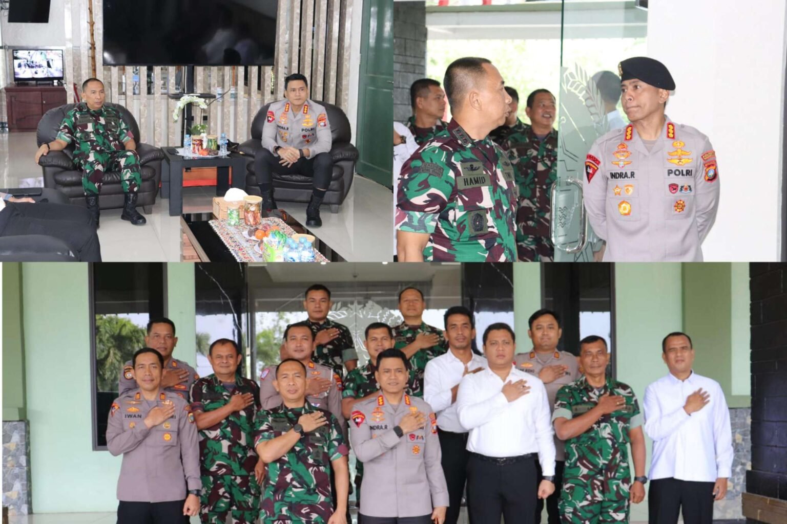 Dandim 0315/Tanjungpinang Kolonel Inf Abdul Hamid saat menyambut kunjungan silaturahmi Kapolresta Tanjungpinang Kombes Pol. Indra Ranu Dikarta, beserta rombongan di Makodim 0315/Tanjungpinang, Senin (12/01/2025).