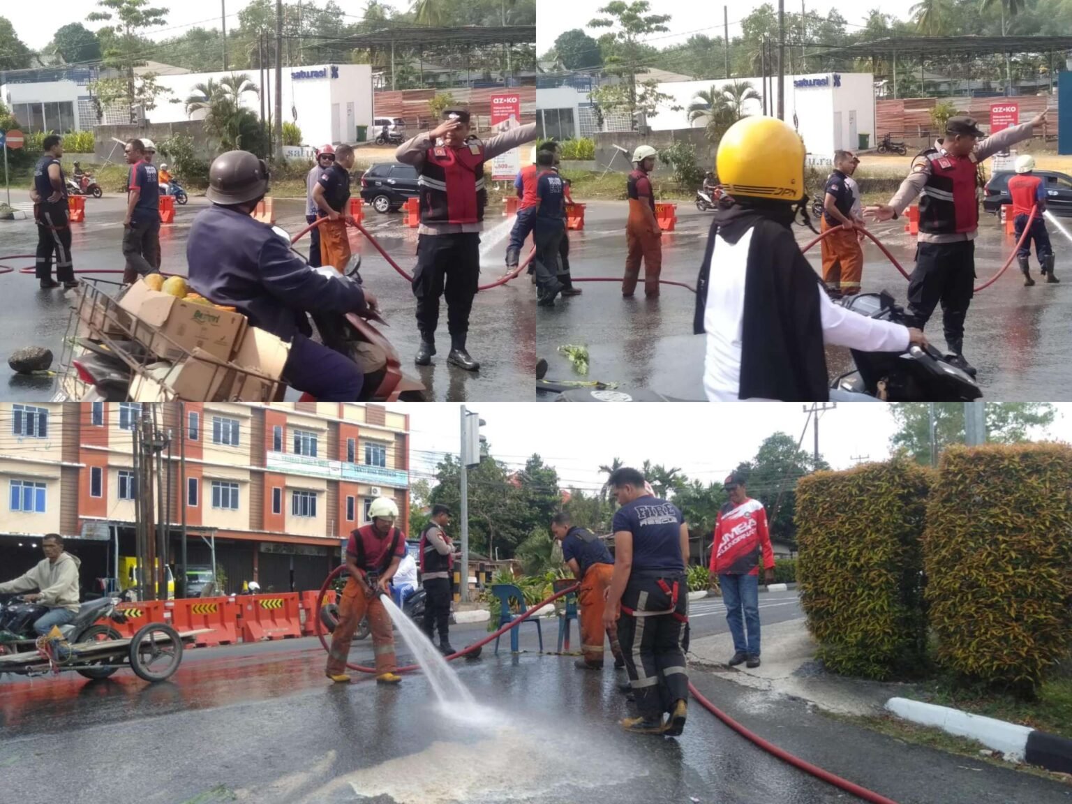 Sejumlah personil Polsek Tanjungpinang bersama petugas DPKP Tanjungpinang saat membersihkan tumpahan minyak jenis solar di sepanjang Jalan Melayu Kota Piring, Jum'at (16/01/2026)