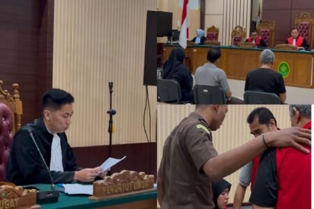 Tiga terdakwa kasus narkotika jenis sabu jaringan Malaysia, Muhammad Khairul Bin Shawal, Zulkifli alias Joey Bin Kerneni dan Dahliia Binti Rofie (almarhum) saat menjalani sidang tuntutan oleh JPU di Pengadilan Negeri (PN) Tanjungpinang, Selasa (20/01/2026).