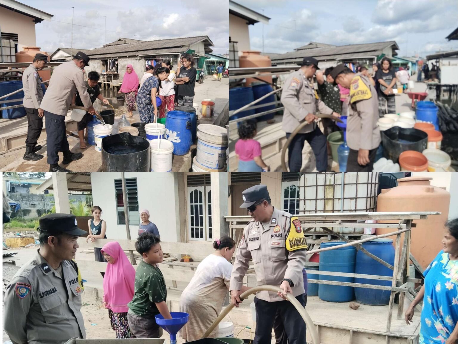 Bhabinkamtibmas Polsek Bukit Bestari bersama sejumlah personil jajaran Polresta Tanjungpinang saat menyalurkan air bersih untuk warga masyarakat di Kelurahan Tanjung Unggat, Selasa (27/01/2026)