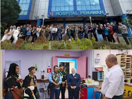 Ketua LP4N Rubyanto bersama rombongan mendapat penjelasan dari pihak Hospital Penawar - Rombongan LP4N foto bersama di depan Hospital Penawar