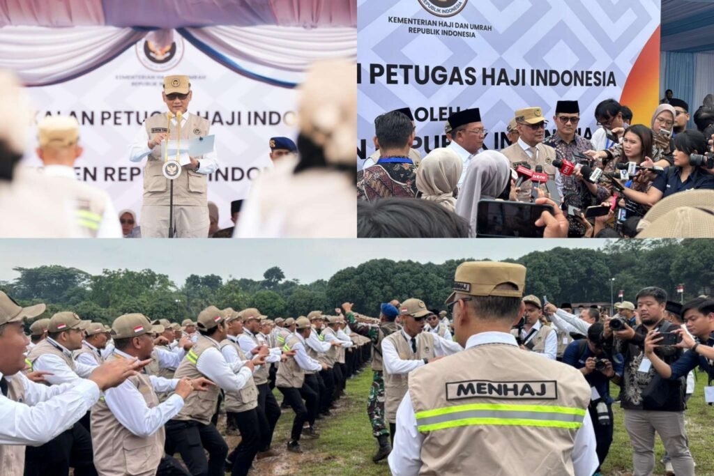 Menteri Haji dan Umrah, Mochamad Irfan Yusuf, yang akrab disapa Gus Menhaj saat mengukuhkan 1.622 petugas haji di Lapangan Galaxy Markas Komando Angkatan Udara (Makodau) I Halim Perdana Kusuma, Jakarta, Jumat (30/1/2026) pagi. (Foto: MCH PPIH 2026)