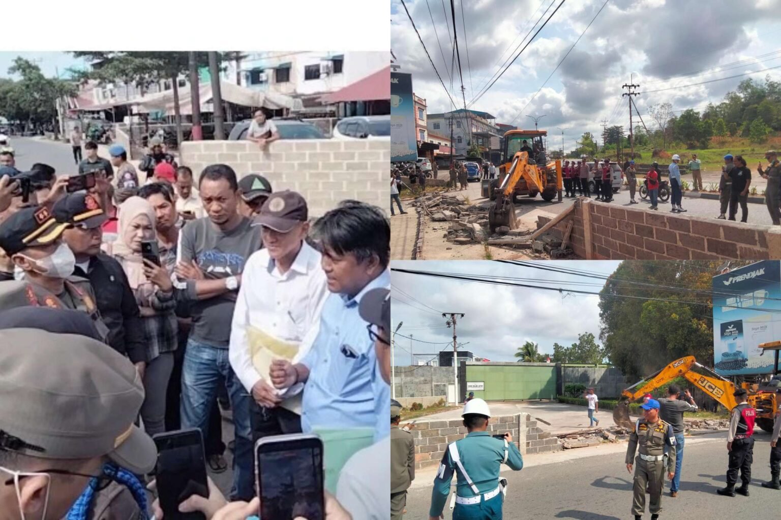 Satpol PP Tanjungpinang saat melakukan membongkar pagar dibagun Djodi Wirahadikusuma di depan gerbang pabrik Teh Prendjak, Jalam DI Panjaitan, KM 9, Kecamatan Tanjungpinang Timur, Kota Kota Tanjungpinang, Rabu (12/02/2026)