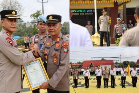 Kapolresta Tanjungpinang Kombes Pol. Indra Ranu Dikarta saat pimpinan apel pemberian penghargaan kepada sejumlah personelnya yang memiliki prestasi dalam menjalankan tugasnya, Senin (23/02/2026)