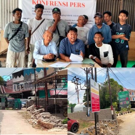 Kuas hukum Cristina Djodi, Herman SH didampingi Djodi Wirahadikusuma suami Cristinasaat konfrensi pers, terkait pembongkaran pagar dan Kanstim oleh Satpol PP Tanjungpinang, Selasa (10/03/2026).