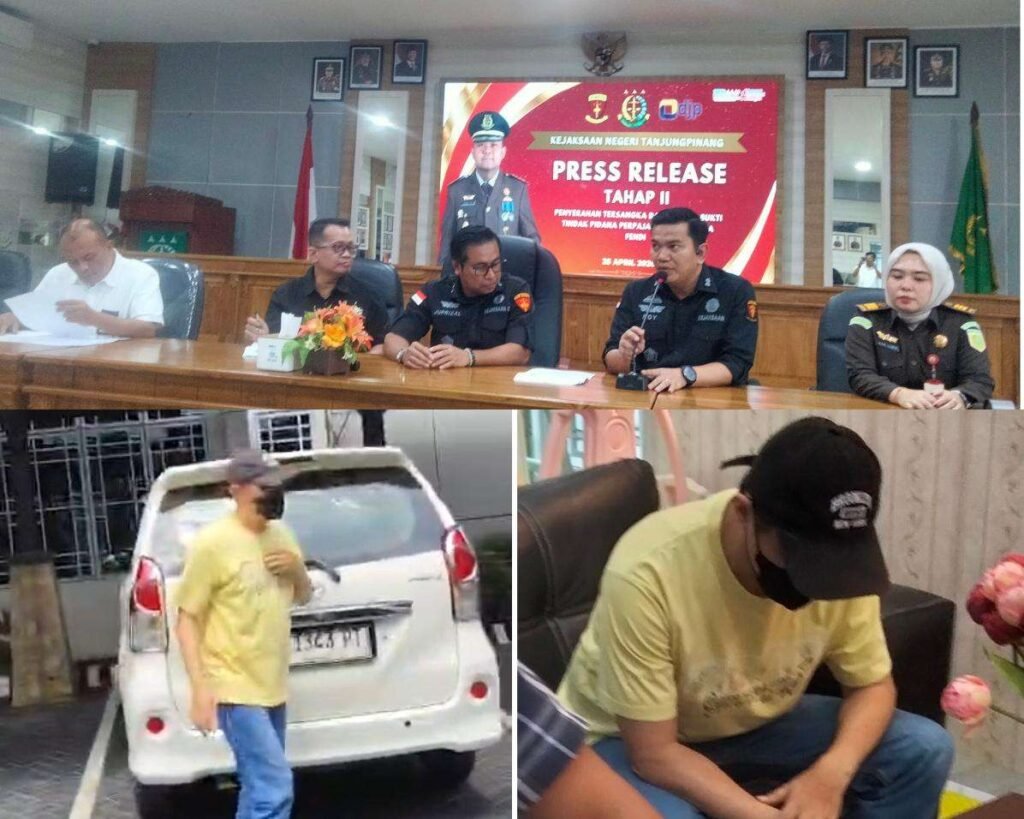 Kasi Penuntutan (Kasitut) Pidsus Kejati Kepri, Roy Huffington Harahap SH MH didampingi Kasi Pidsus Kejari Tanjungpinang, Juprizal SH serta pihak dari Kanwil DJP Kepri saat konferensi pers pelimpahan Tahap II kasus perpajakan dengan tersangka FE (kaos kuning) di aula Kantor Kejari Tanjungpinang, Selasa (28/04/2026).