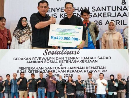 Kepala Kantor Cabang BPJS Ketenagakerjaan Batam Sekupang, Budi Pramono bersama Walikota Batam, Dr Amsakar Achmad SSos MSi melakukan sosialisasi BPJS Ketenagakerjaan informal bagi RT/RW/LPM di Gedung Serbaguna SP Plaza Sagulung, Minggu (26/4/2026). (Sumber: BPJS Ketenagakerjaan Cabang Batam Sekupang)