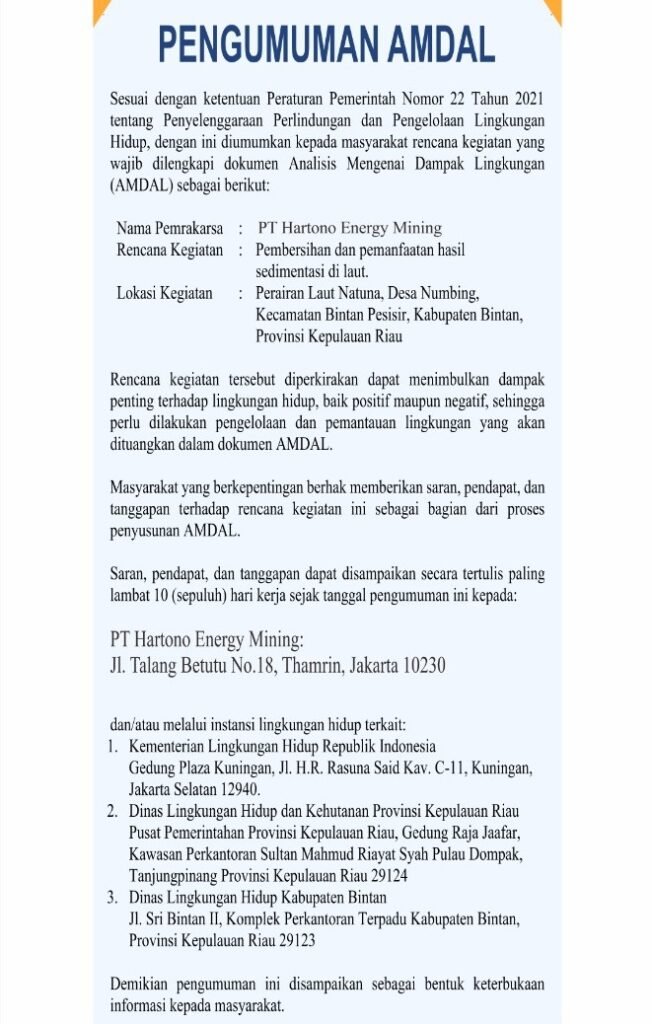 Pengumuman AMDAL PT Hartono Energy Mining Pengumuman AMDAL PT Hartono Energy Mining
